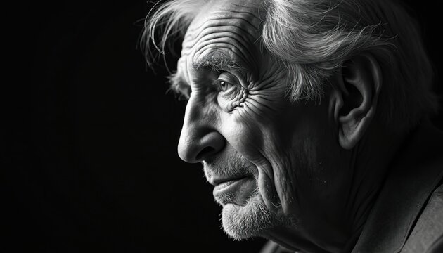 Side profile of elderly man with deep wrinkles, gray hair, thoughtful expression. High contrast black, white photography facial texture, wisdom. Focused portrait captures maturity, experience.