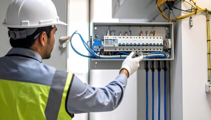 Electrician in hard hat and safety vest inspecting an electrical circuit breaker panel, connecting wiring with gloved hands