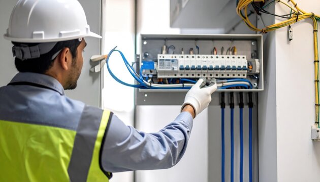 Electrician in hard hat and safety vest inspecting an electrical circuit breaker panel, connecting wiring with gloved hands
