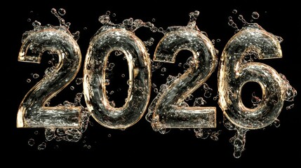 Shimmering water splashes around the numbers 2026, creating a dynamic and lively visual effect