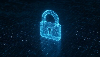A glowing blue digital padlock icon made of tiny particles hovers over a dark, circuit board-like background.