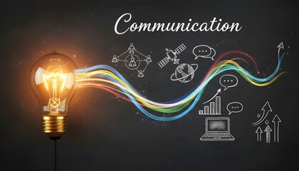 A lightbulb emitting colorful lines representing communication methods and technologies on a dark background.