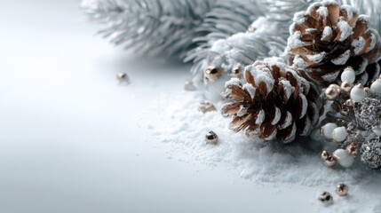 Holiday decorations featuring snowy pinecones and silver accents create a festive winter atmosphere in a cozy setting