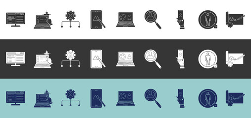 UX design glyph illustration icon set covering interface, navigation, layout, design, HCI, user research, usability, accessibility, prototype with different colors and backgrounds and editable Strokes