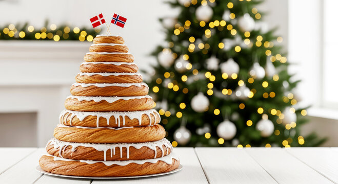 Kransekake or tower cake is a traditional Danish and Norwegian Christmas pastry on a white wooden
 table with blurred festive Scandinavian style room interior background.