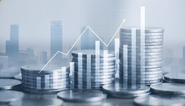 Growing stacks of silver coins with an ascending line graph, representing financial success and economic development. - Powered by Adobe