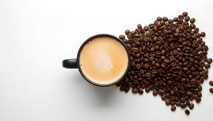 A top-down view of a black coffee cup and scattered roasted coffee beans on a white background.