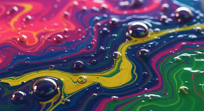 Abstract colorful swirling liquid with reflective bubbles and marbled patterns, vibrant fluid art background