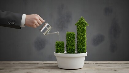 Businessman's hand watering a green plant shaped like a growing bar chart, symbolizing investment and financial growth.