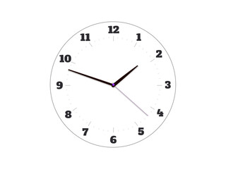 Time management, punctuality, scheduling, clock design, simplicity, productivity. Minimalist wall clock with black numbers and sleek hands on a white background. Time management and punctuality