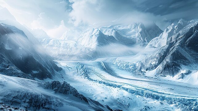Majestic snow-covered mountain range with ice glacier stretching through a serene winter landscape under a cloudy sky - Powered by Adobe