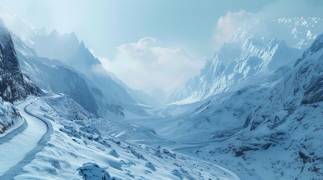 Snow-covered mountain valley with winding road creating a serene winter landscape under a cloudy sky in the early morning light - Powered by Adobe