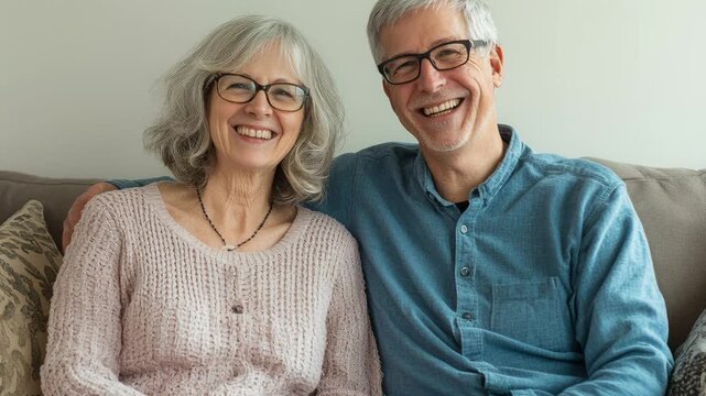 happy caucasian retired couple sitting on sofa sharing warm laughter and gentle embrace, cozy living room with soft cushions, natural daylight, woman in knitted