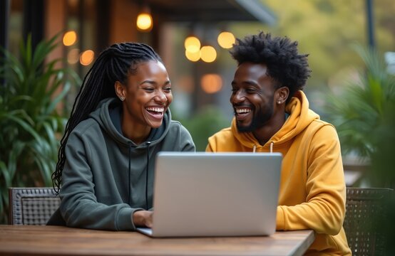 Two cheerful african students study together with laptop outdoor. Happy students work on project. Young colleagues laugh while learning online. Couple use computer. Black man and woman smile.