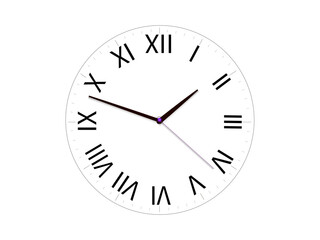 Time management, punctuality, office decor, classic design, productivity, scheduling. A white clock face with Roman numerals and thin black hands. Time management and punctuality concept
