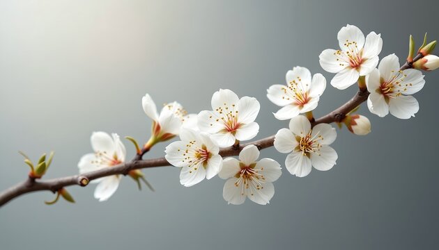 White cherry blossom branch displays delicate blooms against soft grey background. Illustration shows close-up of springtime flowers with subtle texture, gentle colours. Image represents beauty,