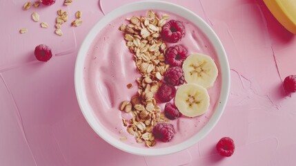 An overhead view of a vibrant pink smoothie bowl topped with granola, raspberries, and banana slices on a textured pink background. Ideal for wellness and breakfast content