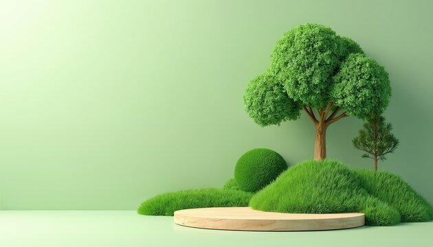 Green nature landscape with trees and grass hills. Wooden round podium placed on grassy terrain. Eco background for presentation, product display, branding.