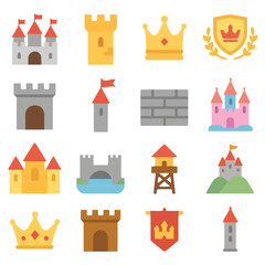 Castle Icon Set: An assortment of vibrantly colored castle illustrations, including majestic towers, ornate crowns, and crests, symbolizing strength, royalty, and historical grandeur. 