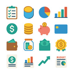 Financial Icons: A vibrant assortment of financial symbols and illustrations, depicting concepts such as budgeting, savings, and investment. A visual representation of financial elements.