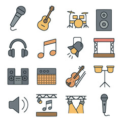 Music Elements Icons Set: A vibrant collection of musical instruments and stage elements, capturing the essence of sound, performance, and the creative spirit of music.