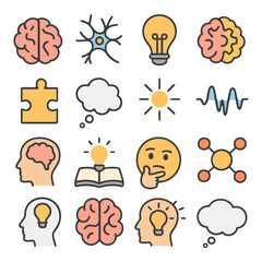 Illumination: A collection of stylized illustrations symbolizing thought and innovation, from brains to lightbulbs, representing the sparks of inspiration and cognitive processes.