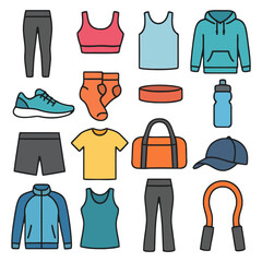 Fitness Essentials: A vibrant collection of active wear and accessories, perfect for a dedicated workout routine, showcasing various tools for exercise, running and gym activities.