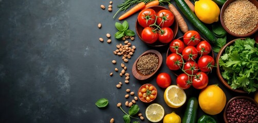 Fresh tomatoes, lemons, cucumbers, carrots, greens, beans and grains arranged on dark surface. Ingredients represent healthy vegetarian mediterranean diet. Vibrant colors for cooking recipes.