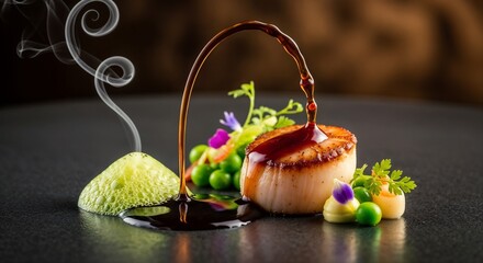 An exquisite haute cuisine dish in an artistic dark style, bright serving