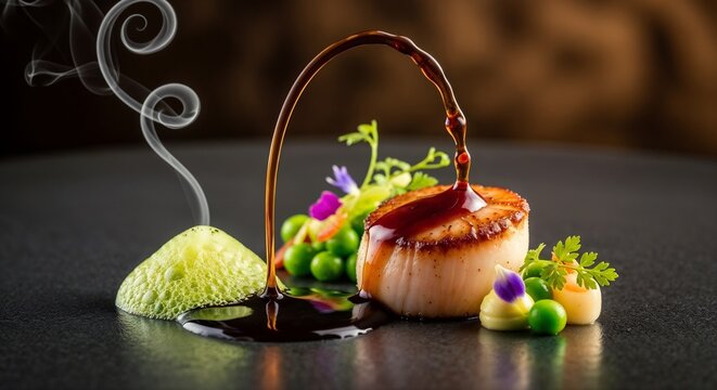 An exquisite haute cuisine dish in an artistic dark style, bright serving
