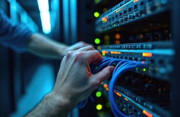 IT technician connects blue network cables in server rack. Person works with computer hardware, managing data center infrastructure. Closeup of hands installing wires.