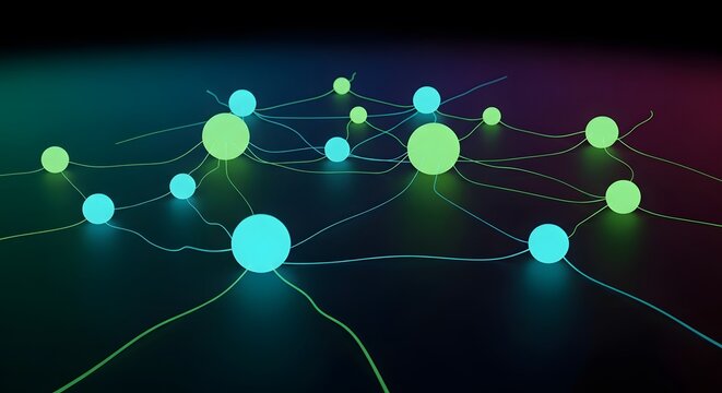 Abstract network of glowing spheres connected by lines on a dark background