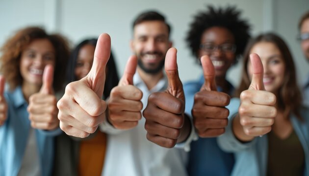 Diverse team gives thumbs up sign. People show agreement and success. They look happy and support each other. This shows unity and good spirit.