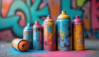 Collection of spray paint cans in various colors and sizes rests on asphalt. Vibrant graffiti art forms abstract shapes on wall in background. Urban street art supplies are messy with paint splatters.