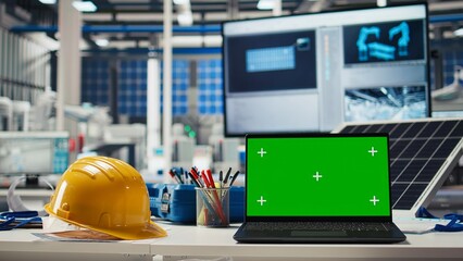 Green screen laptop used to adjust photovoltaics factory system parameters. Mockup notebook in...