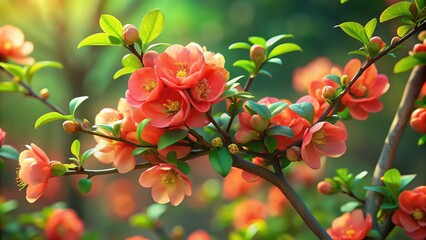 Vibrant Japanese quince blooms against a backdrop of lush green foliage in a serene garden setting