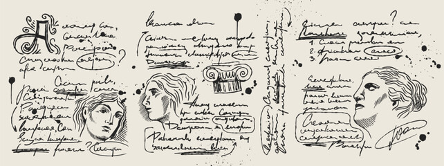 Handwriting text notes. Grunge retro paper with dirty splash, abstract pen scribble calligraphy, diary entries and vintage drawings. Outline vector illustration collection