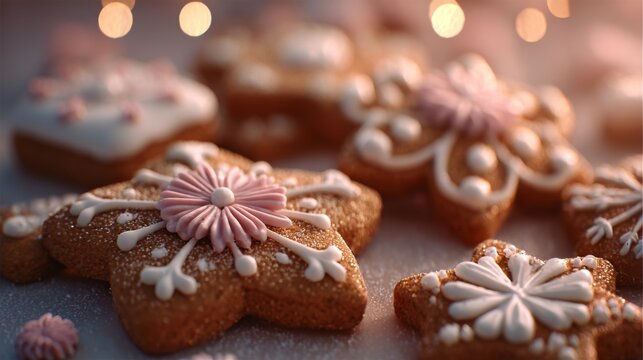 Beautifully decorated gingerbread cookies in festive shapes and colors ready for a holiday celebration - Powered by Adobe