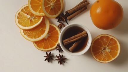 A warm mulled wine with spices and citrus star anise, cinnamon sticks, and sliced oranges surrounding a bowl of dark beverage, ideal for seasonal cooking and holidays