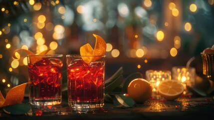 Two glasses of a deep red negroni cocktail, garnished with orange peel, surrounded by festive bokeh lights and holiday decor on a dark table, creating a luxurious, inviting atmosphere