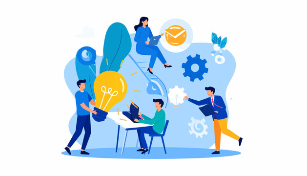 Business team collaborating on innovation and creative project development with giant light bulb