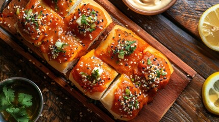 A top-down shot of vibrant sweet buns pav bhaji topped with a savory red sauce and sesame seeds, cut into squares on a wooden board, with lemon slices nearby