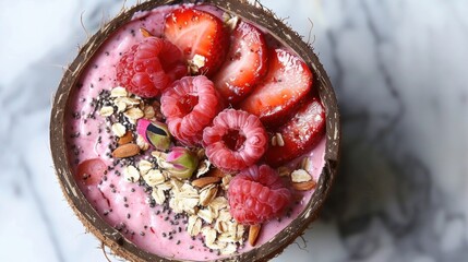 A smoothie bowl served inside a halved coconut shell, topped with fresh strawberries, raspberries, oats, and chia seeds. Emphasizes vegan nutrition and fresh fruit