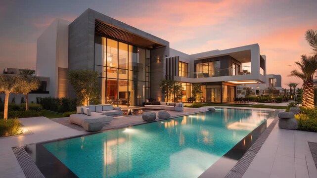 modern luxury villa with pool and garden, Dubai architecture, warm sunset tones, clean landscaping, cinematic shot