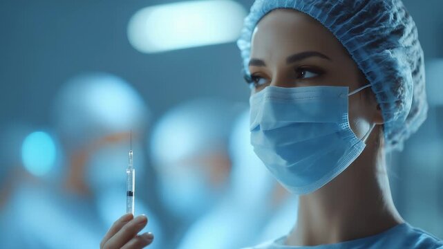 A woman in surgical attire holds a syringe carefully in a clinical environment, surrounded by blurred figures in masks. The sterile setting emphasizes the importance of healthcare