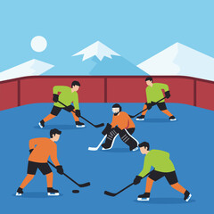 Fototapeta premium Team of male friends in energetic mood playing ice hockey with sticks and puck against snowy mountain landscape on outdoor rink