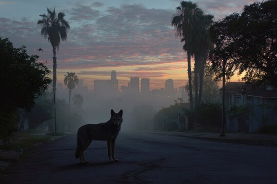 Coyote standing on a misty urban street at dawn with city skyline, dramatic digital art - Powered by Adobe