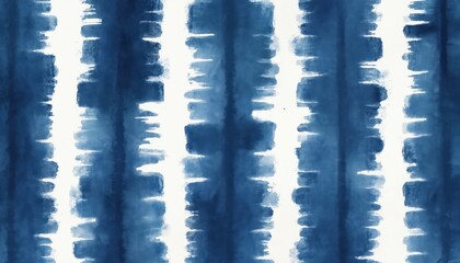 Indigo blue abstract watercolor tie-dye pattern of vertical stripes. Brush strokes create uneven edges and blended color sections. This design is repetitive and can be used as background.