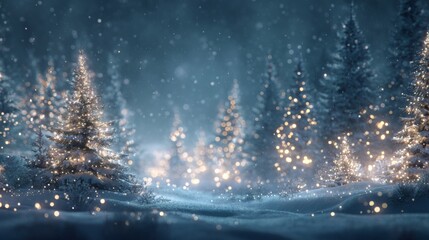 Snowy winter forest with glowing lights creating a magical holiday atmosphere in the evening hours
