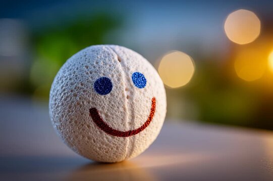 Smiling face on textured white ball with blue eyes and red mouth glowing bokeh lights background creating warm cheerful and colorful atmosphere